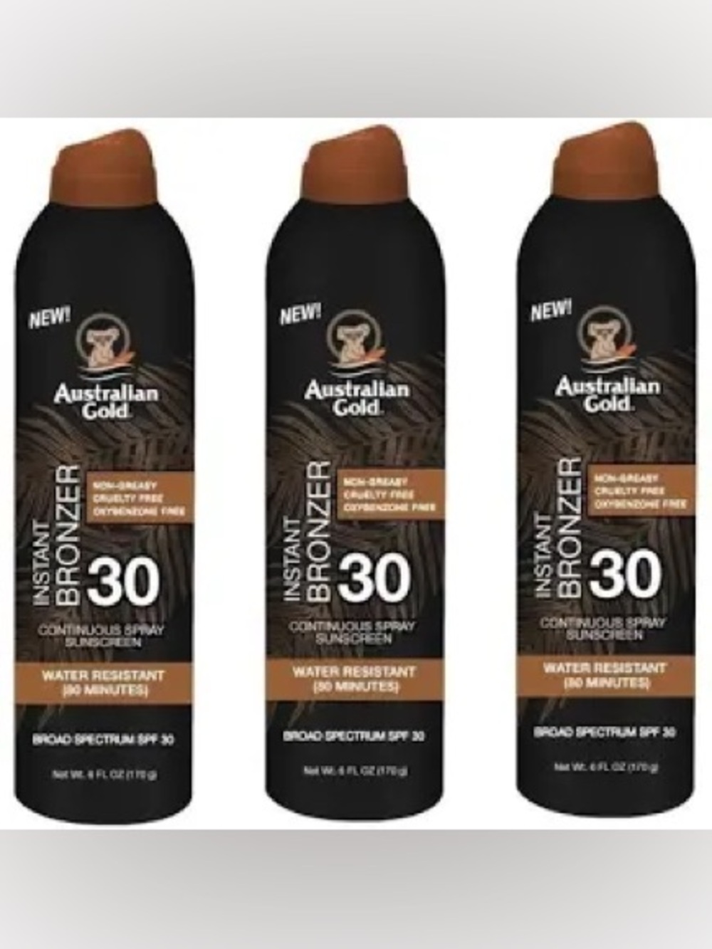 (3Pk)Australian Gold Instant Bronzer-Continuous Spray Sunscreen-SPF 30-Exp.8/28